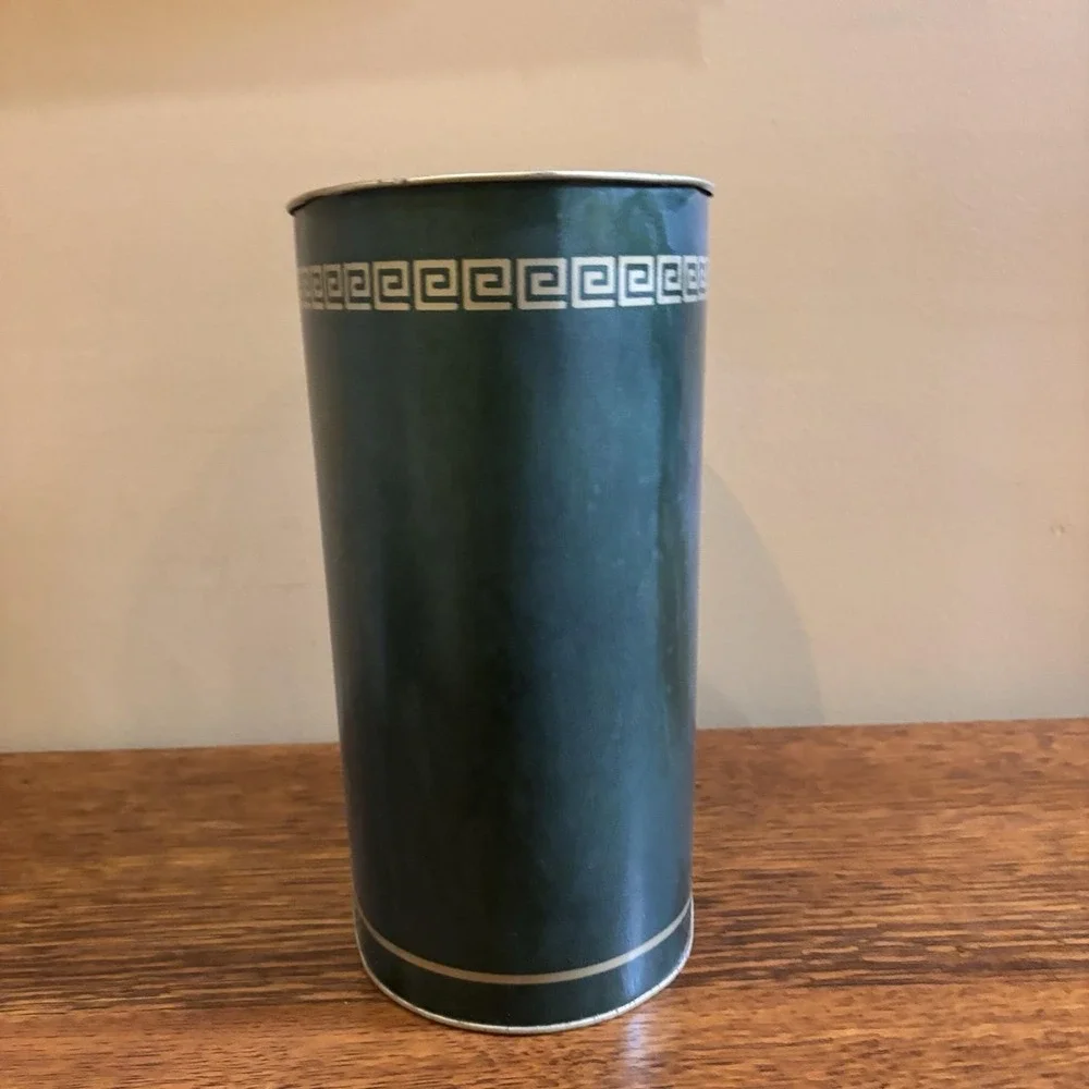 Vintage Cheinco Metal Wastebasket Greek Key Black Gold Mid Century Trash Can
